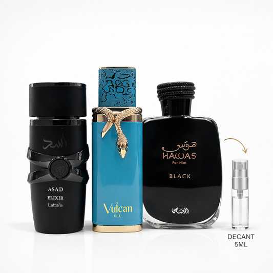 Decant de 5ml Asad Elixir, Vulcan Feu, Hawas Black
