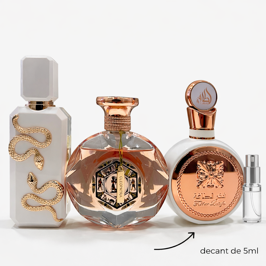 3 decants de 5ML - Veneno Bianco, Cleópatra e Fakhar Rose